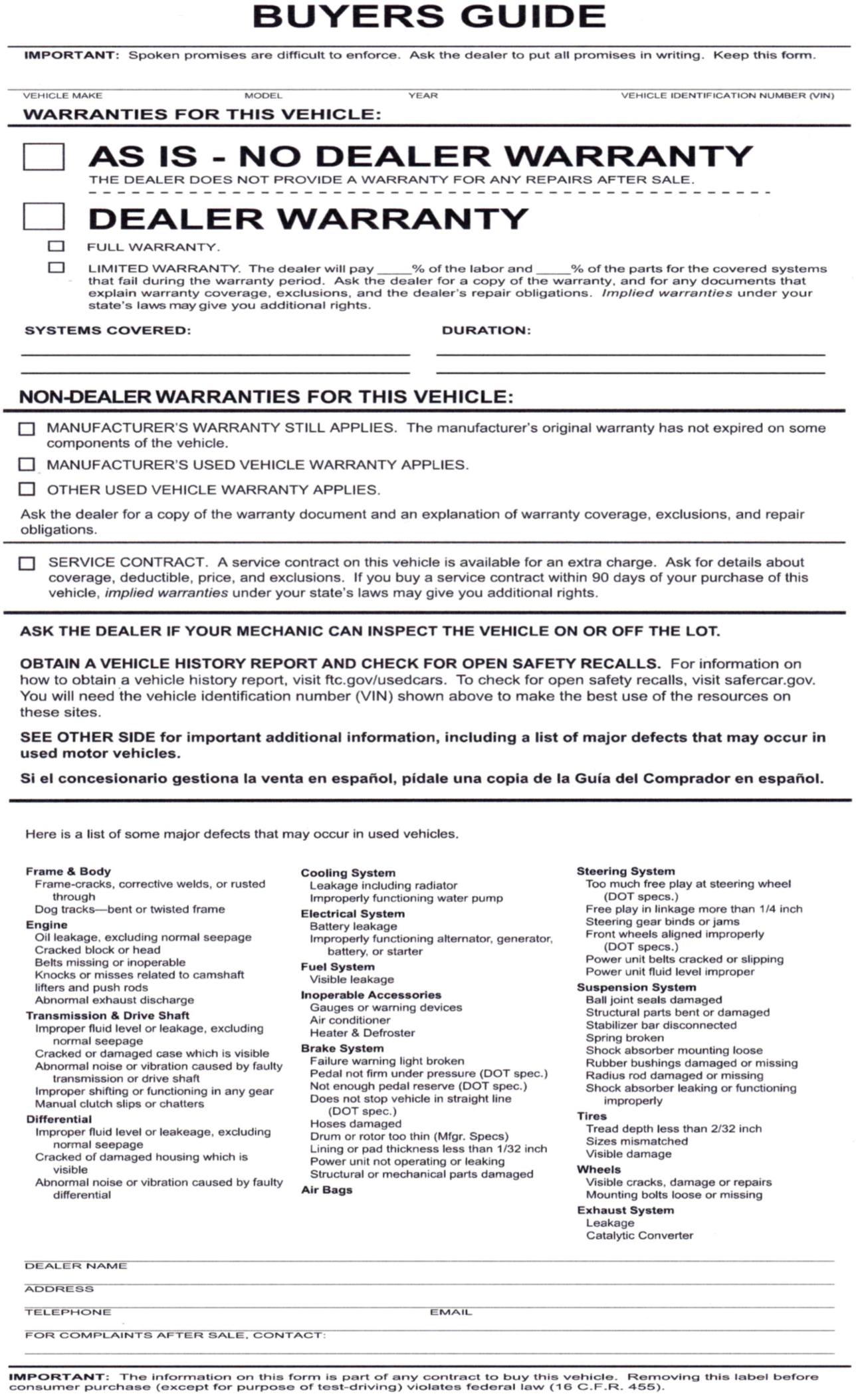 Printed buyers guide dealership document